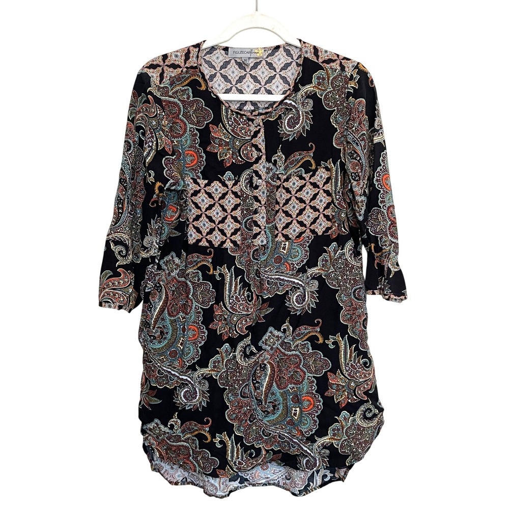 Figueroa & Flower Womens Paisley Geometric Mixed Print 3/4 Sleeve Tunic Top M
